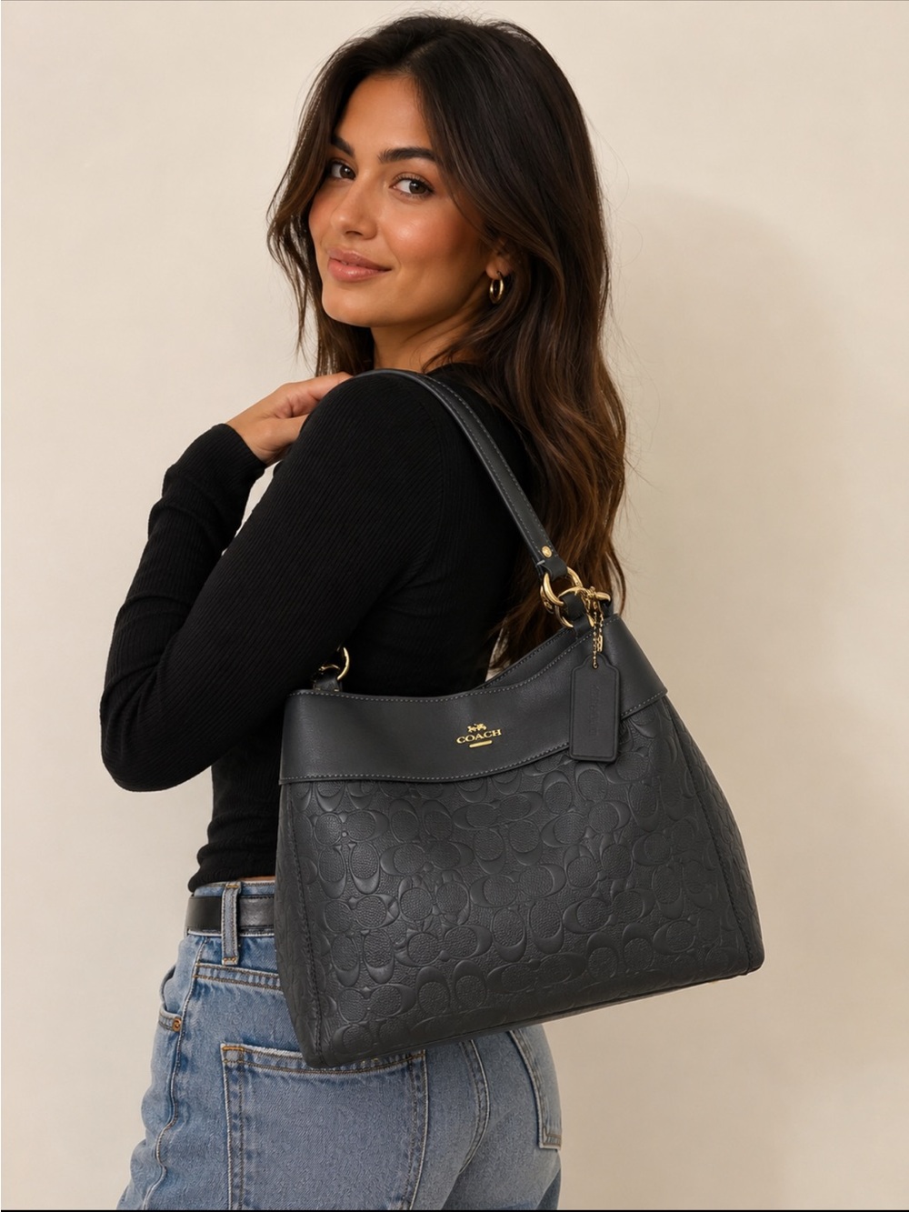 Coach Black Embossed Signature Leather Shoulder Bag